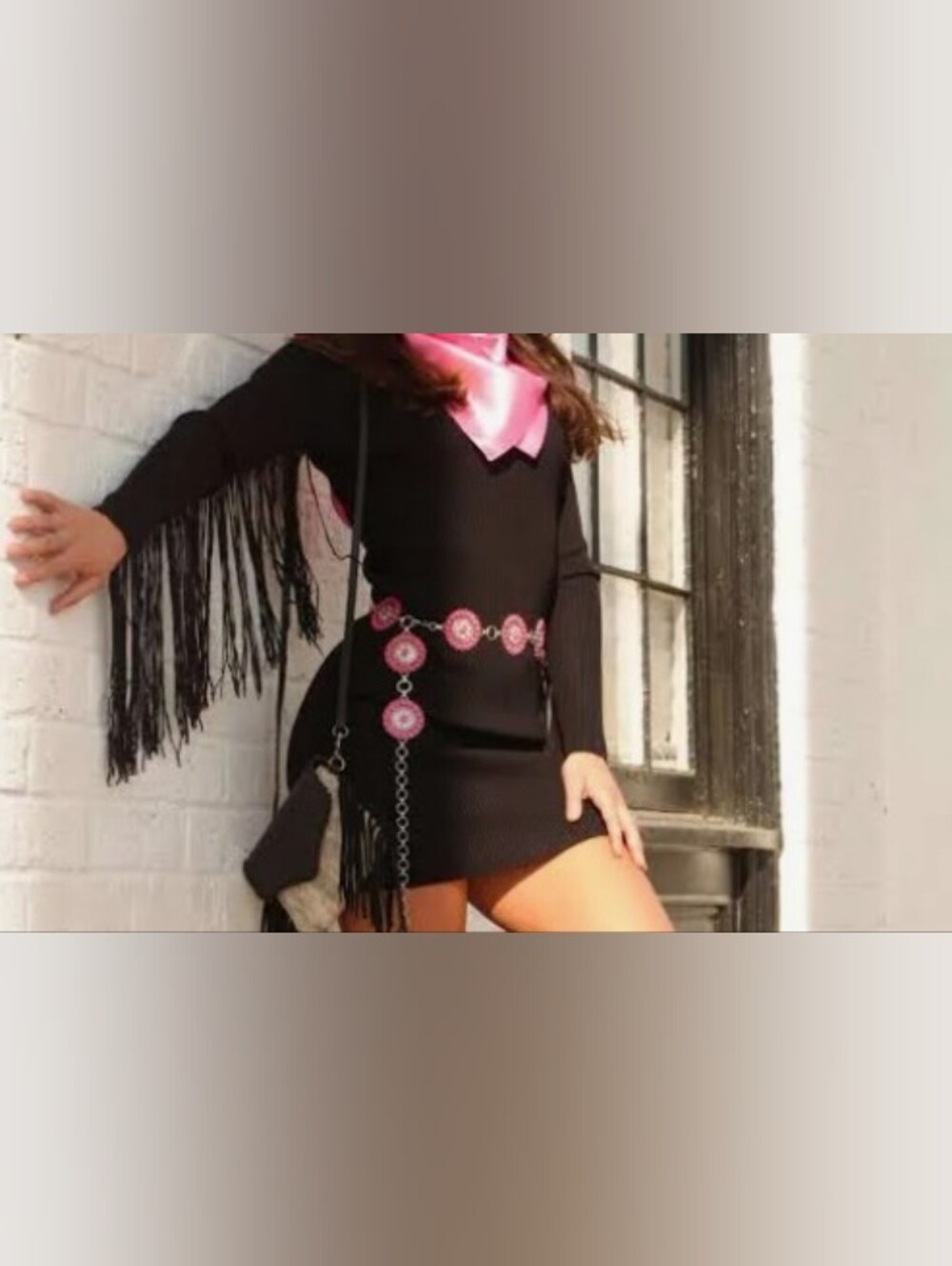Rock & Roll Denim Western Black Fringe Long Sleeve Mini Sweater Dress Small